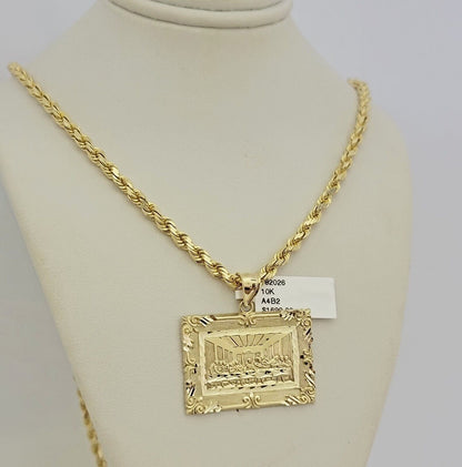 Real 10k Gold Chain Solid Rope Necklace Pendant SET Last supper Charm 4mm 24"