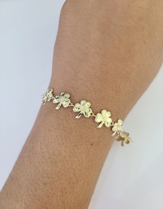 Real 10K Leaf Irish Shamrock Clover Bracelet 11mm 7 Inches 10kt Yellow Gold