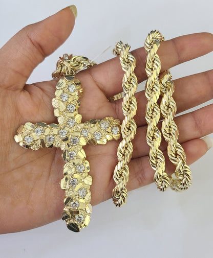 10K Gold Rope Chain Necklace with Jesus Cross Charm 8mm 20–30 Inch for Men Yellow Gold Jewelry
