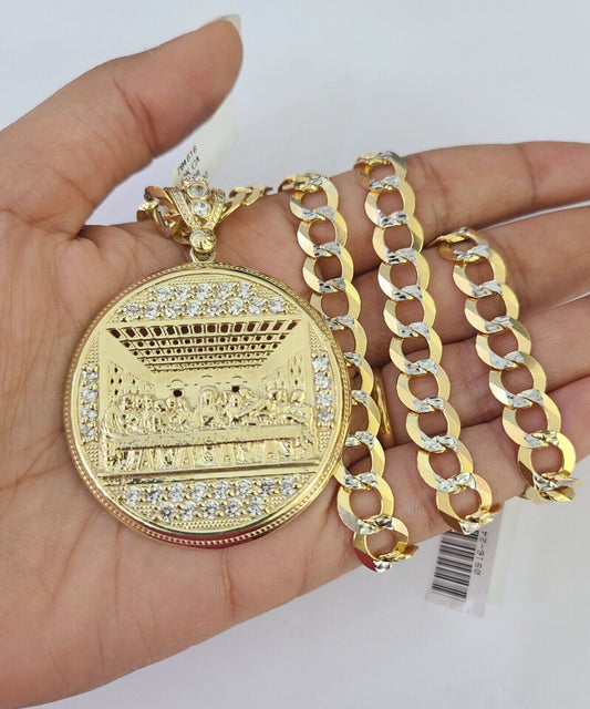 Full view of the Reva Jeweler 10k gold Cuban curb chain necklace with Last Supper pendant