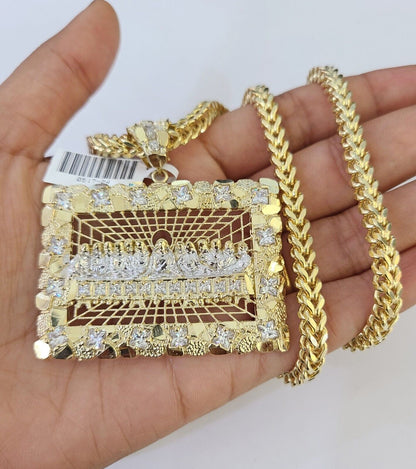 Real 10K Gold Franco Chain Last Supper Pendant Charm Necklace 20"-26" 5mm Gold SET