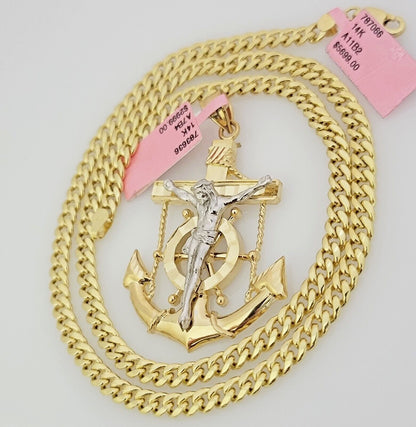 Real 14k Gold Pendant Chain SET Miami Cuban Link 5mm 26" Necklace Anchor Charm
