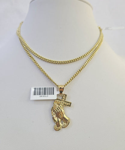 10K Gold Miami Cuban Chain Praying Hands Charm 18"-30" 3mm REAL Pendant