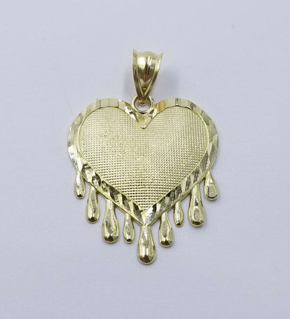 Real 10k Yellow Gold Charm Pendant Dripping heart w/ Franco Chain 18" 2mm ladies