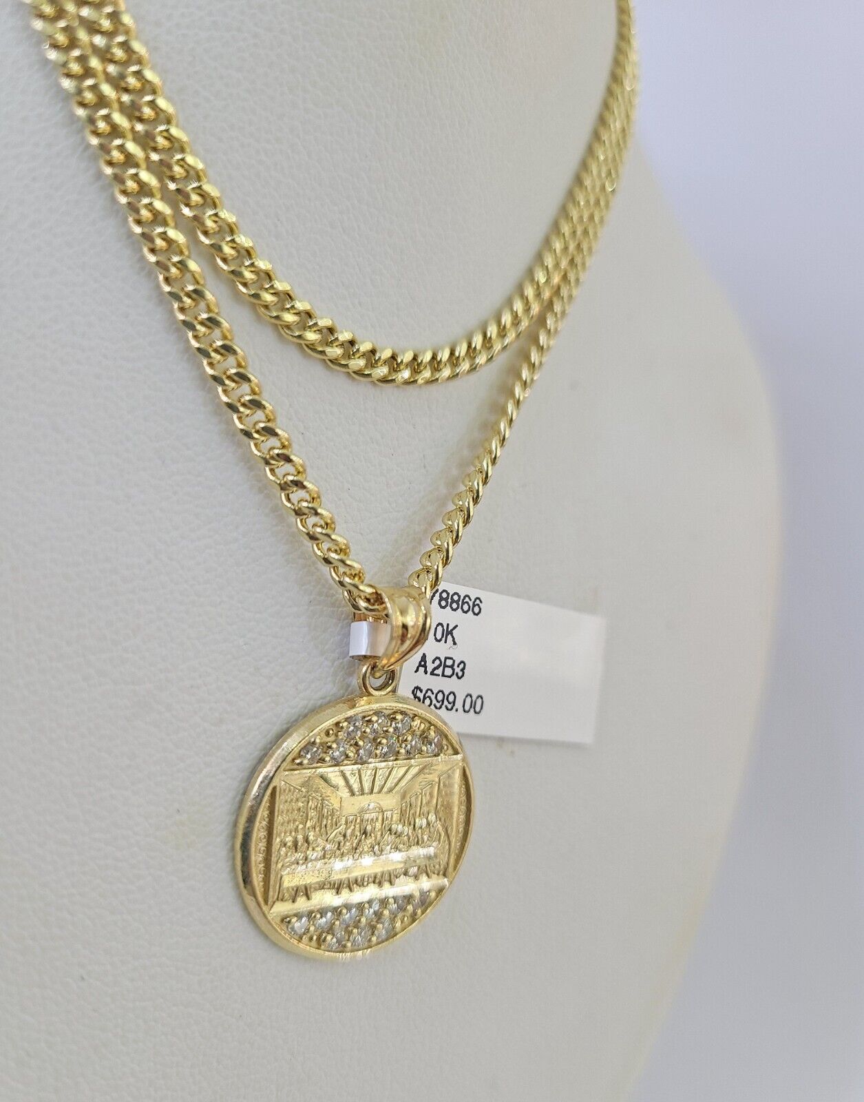 10K Gold Miami Cuban Chain Last Supper Charm 18"-28" 3mm Pendant Necklace SET