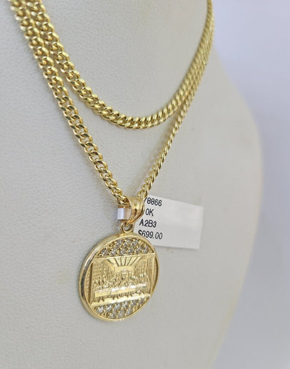 10K Gold Miami Cuban Chain Last Supper Charm 18"-28" 3mm Pendant Necklace SET