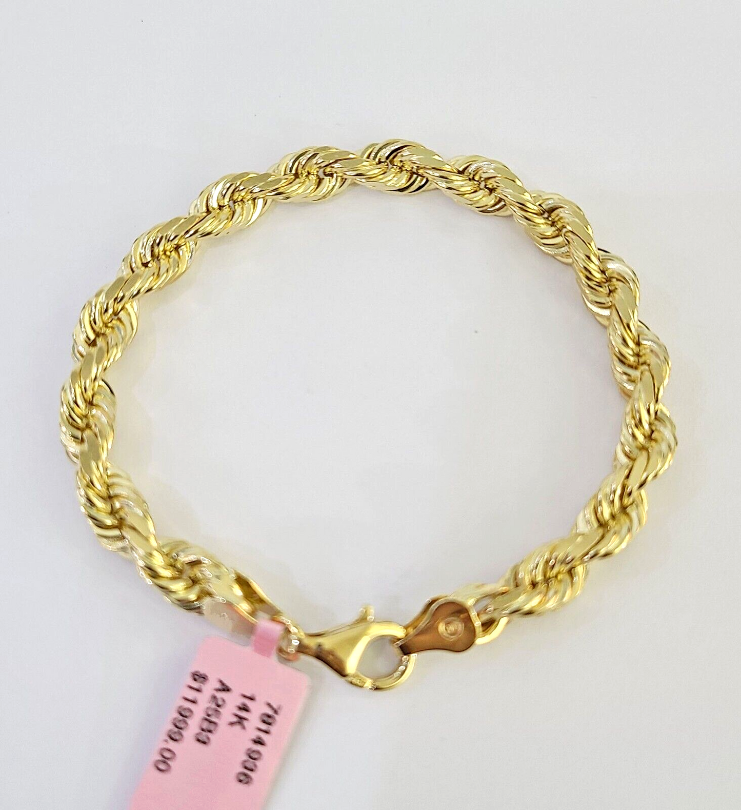 Real 14k Solid Rope Bracelet 7mm 7 Inch Men Women Diamond Cut Yellow Gold