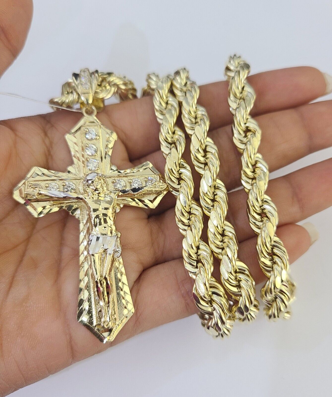 Real 10K Yellow Gold Jesus Cross Pendant with 8mm Rope Chain 20–30" Men's Religious Necklace