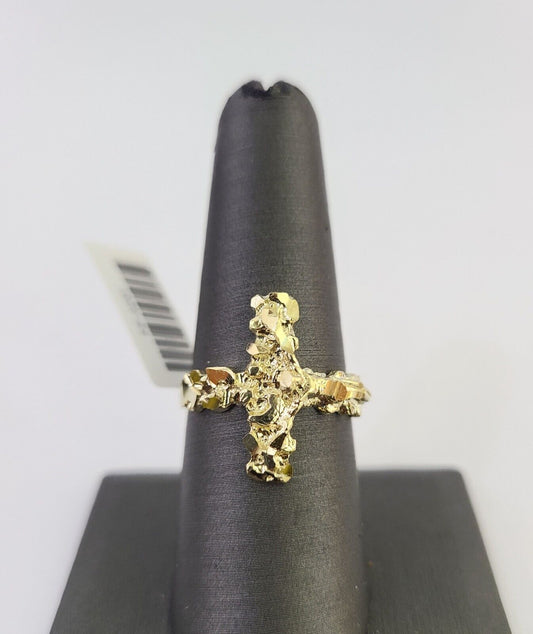 REAL 10K Gold Jesus Cross Nugget Ring Band Style Rings 10Kt Yellow All Sizes