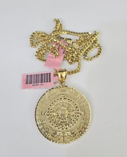 Real 14k Solid Chain Mayan Calendar Charm Set Miami Cuban 3mm Necklace Pendant