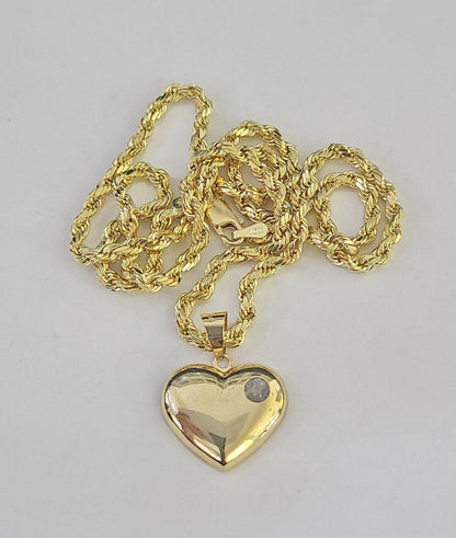 Real 10k Rope Chain Heart Charm Pendant SET Necklace 3mm 18"-24" Ladies