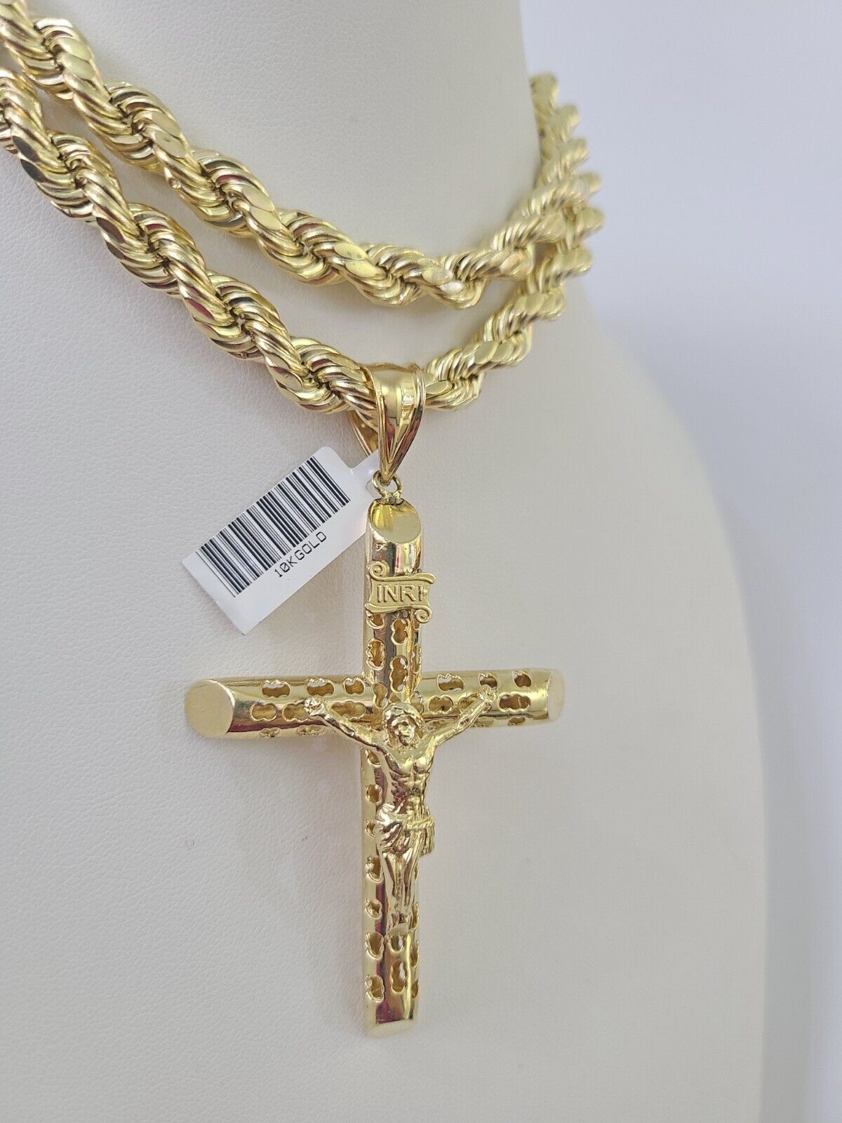 Men's 10K Gold Jesus Cross Charm Necklace 8mm Rope Chain 20–30 Inch Yellow Gold Religious Pendant Set