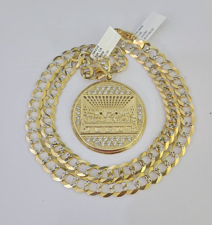 10k Gold Chain Last Supper Charm Solid Cuban Curb Necklace 9mm 20"-30" SET