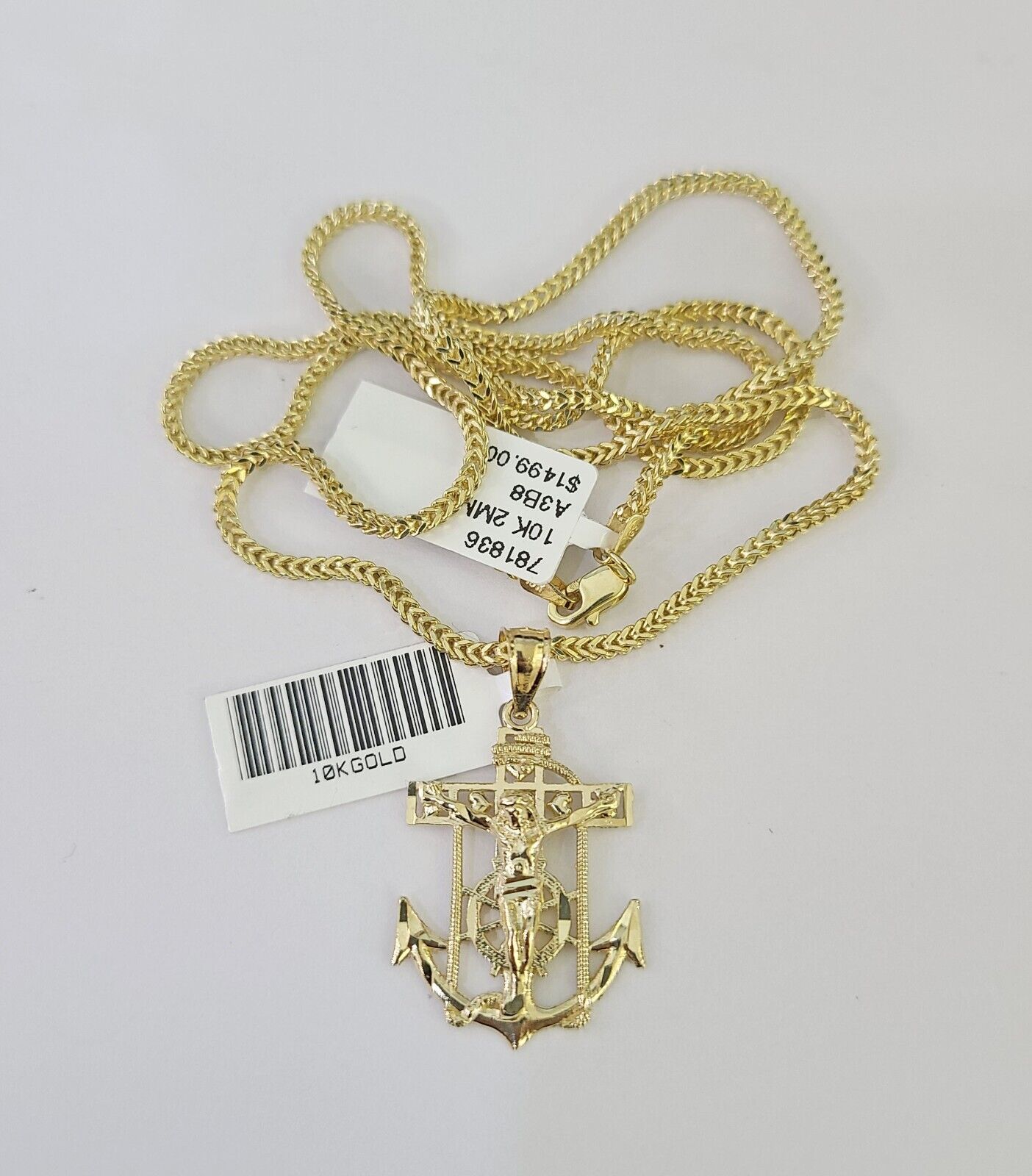 Polished 10K gold Jesus anchor pendant necklace with chain links