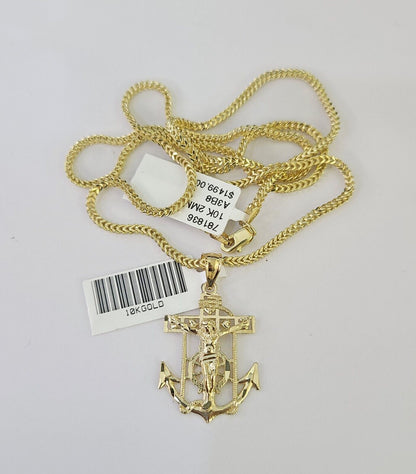 Polished 10K gold Jesus anchor pendant necklace with chain links