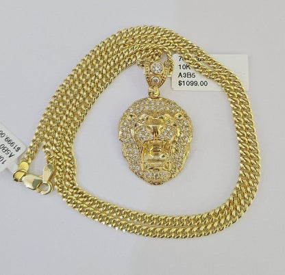 10K Gold Miami Cuban Chain Roaring Lion 18"-28" 3mm REAL Pendant Necklace SET