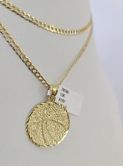 10k Solid Gold Cuban Curb Chain Basket Ball Pendant 2mm 18"-24" SET Necklace
