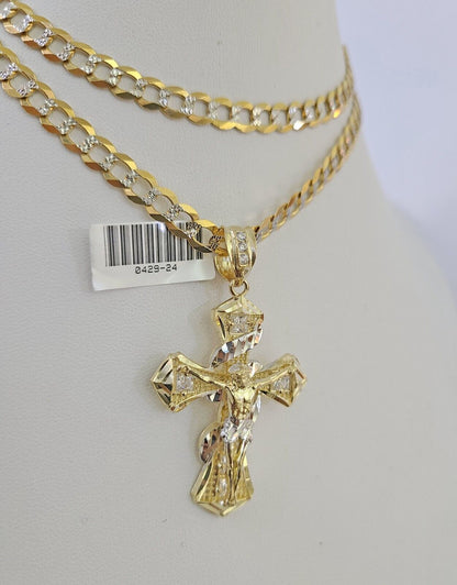 10k Solid Gold Cuban Curb Chain Jesus Cross Pendant 6mm 20"-30" SET Necklace