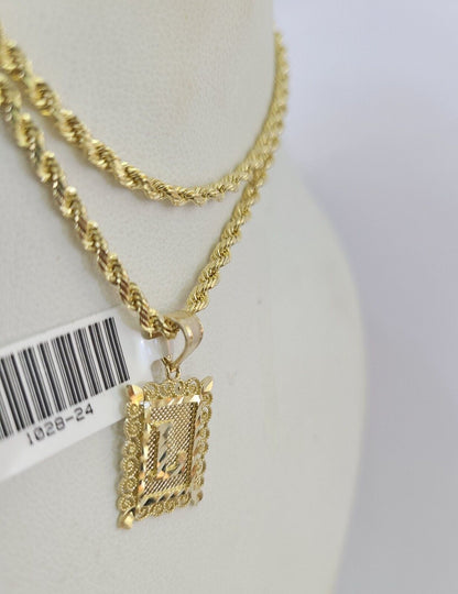 10k Gold Initial L Charm Rope Chain 16"-26" 2.5mm SET Necklace Alphabet Pendant