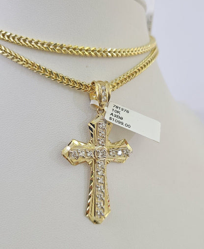 Front view of Jesus cross pendant necklace in 10K gold with Franco chain