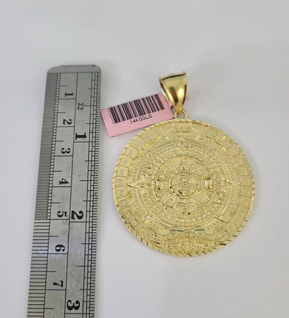 Real 14k Solid Chain Mayan Calendar Charm Set Miami Cuban Link 6mm Necklace