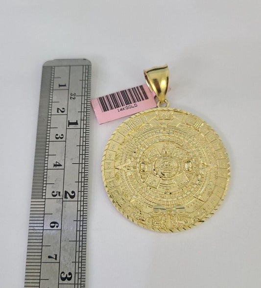 Real 14k Solid Chain Mayan Calendar Charm Set Miami Cuban Link 6mm Necklace