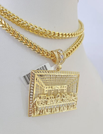 Real 10K Gold Franco Chain Last Supper Pendant Charm Necklace 20"-26" 5mm Gold SET