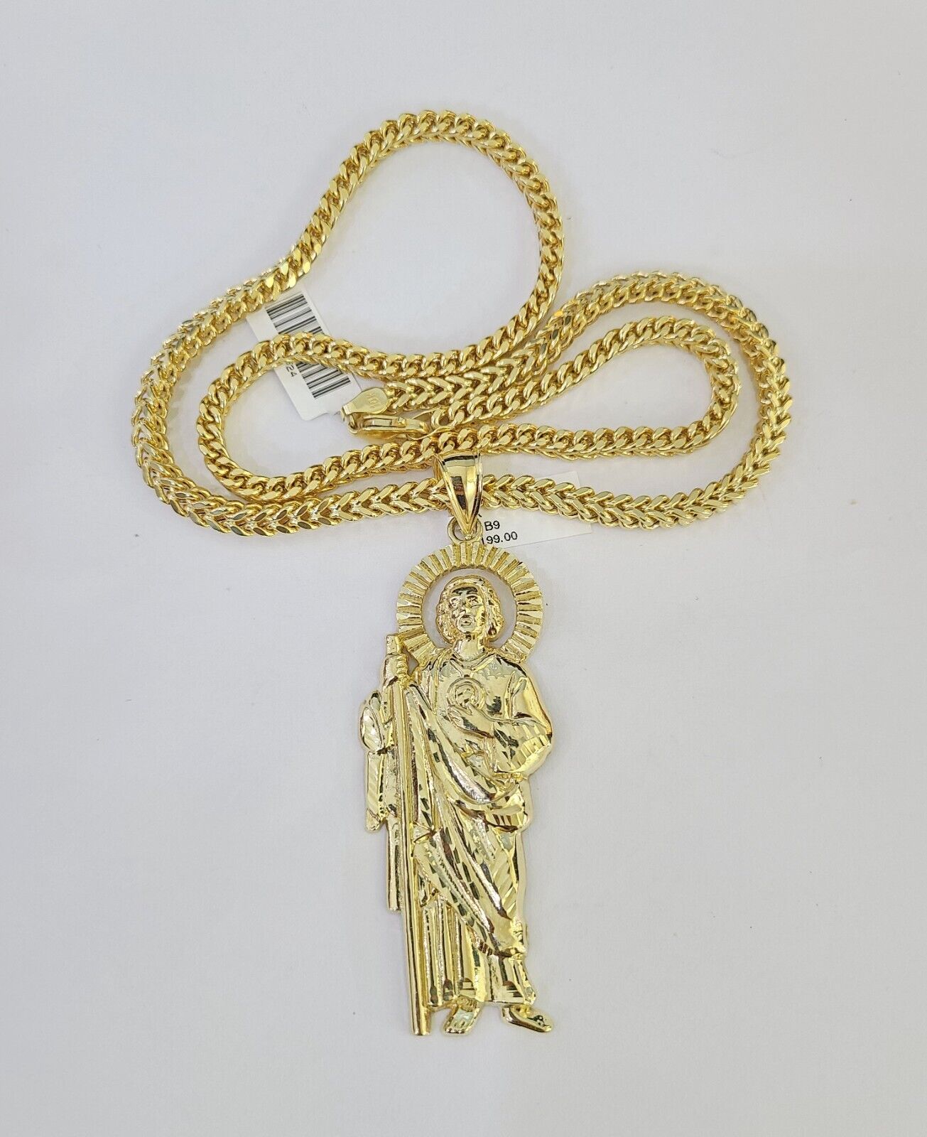 10K yellow gold Saint Jude pendant and Franco chain necklace set by Reva Jeweler