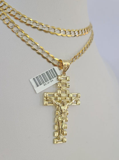 10k Solid Gold Cuban Curb Chain Jesus Cross Pendant 6mm 20"-30" SET Necklace