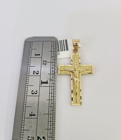 10k Solid Gold Cuban Curb Chain Jesus Cross Pendant 2mm 18"-24" SET Necklace
