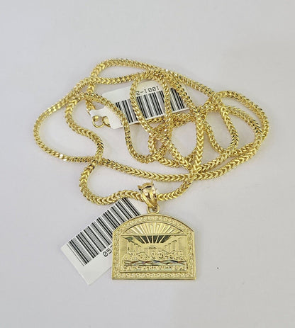 Side angle view of 10K yellow gold Last Supper pendant on Franco chain