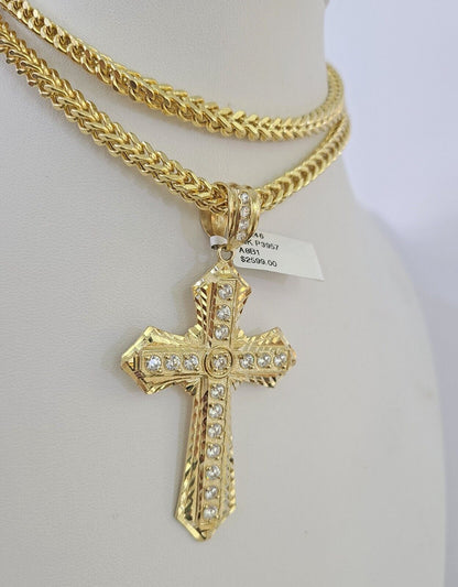 10K gold Franco chain necklace with Jesus cross pendant charm (20–26 inch, 5mm) by Reva Jeweler