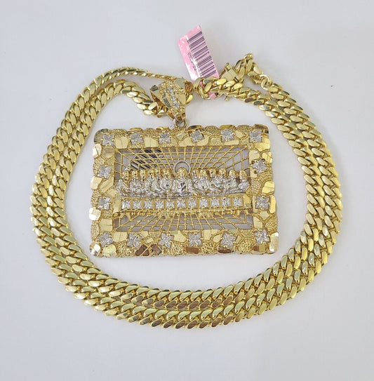 Real 14k Solid Chain Last Supper Charm Set Miami Cuban Link 6mm Necklace Pendant