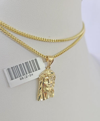 10K yellow gold Jesus head pendant and Franco chain necklace set by Reva Jeweler