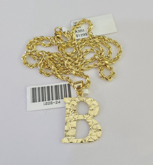 10k Gold Initial B Charm Rope Chain 16"-26" 2.5mm SET Necklace Alphabet Pendant