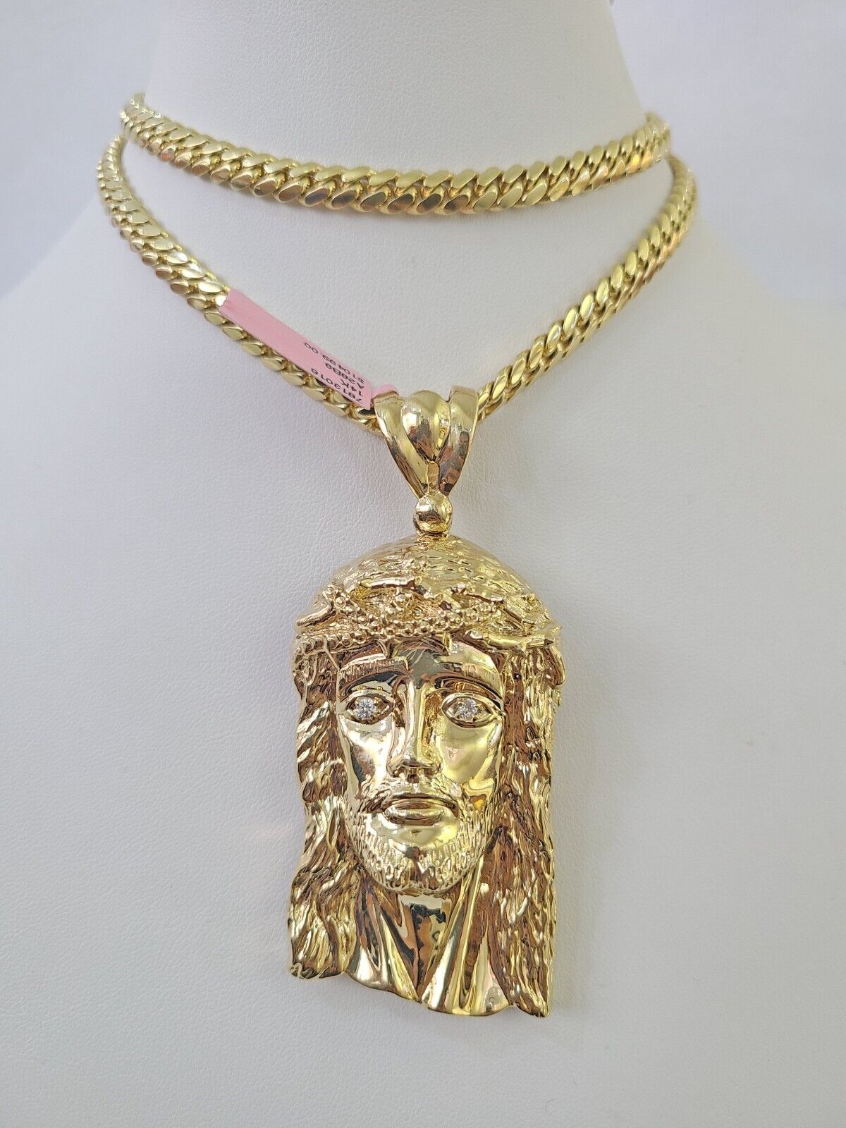 Real 14k Solid Gold Chain Jesus Head Pendant Charm SET Miami Cuban Link 6mm Necklace