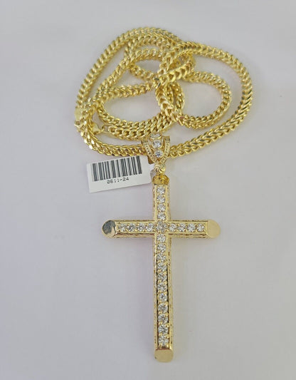 Full display of 10K yellow gold Franco chain with Jesus cross pendant