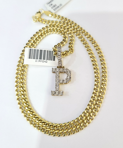 10K Gold Miami Cuban Chain P Diamond Initial 18"-24" 2mm Pendant Necklace SET