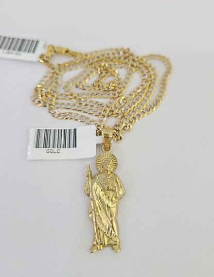 10k Solid Gold Cuban Curb Chain Saint Jude Pendant 2mm 18"-24" SET Necklace