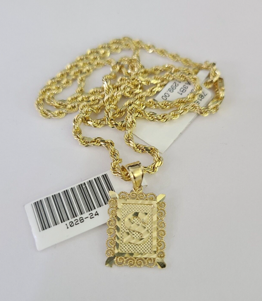 10k Gold Initial S Charm Rope Chain 16"-26" 2.5mm SET Necklace Alphabet Pendant