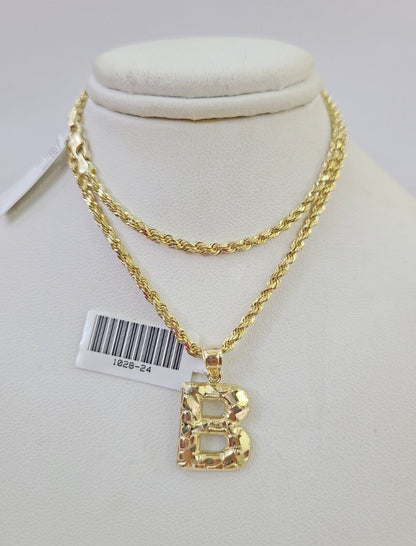 10k Gold Initial B Charm Rope Chain 16"-26" 2.5mm SET Necklace Alphabet Pendant