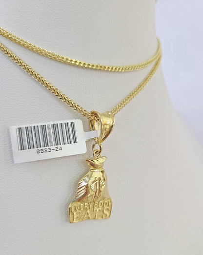 Side angle view of Franco chain necklace featuring “Everybody Eats” pendant charm