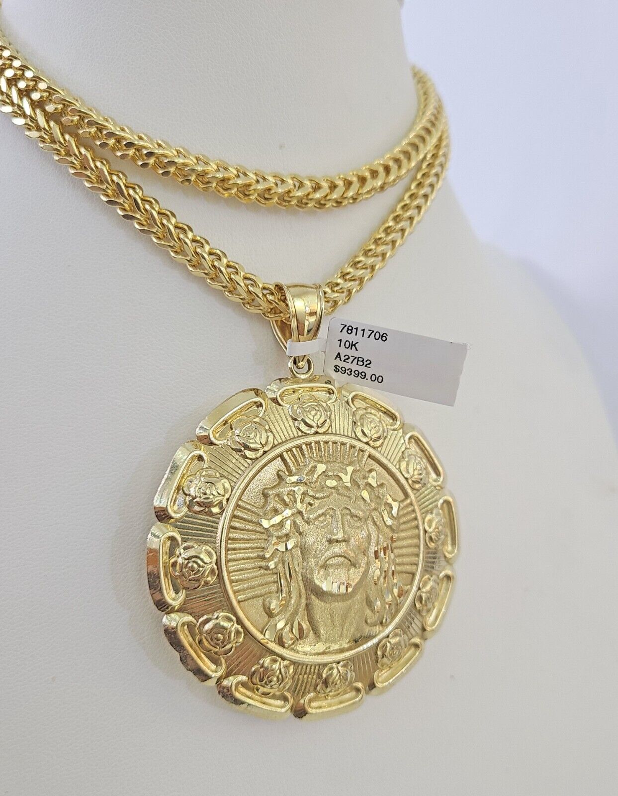 10K yellow gold Jesus and Mary pendant and Franco chain necklace set by Reva Jeweler