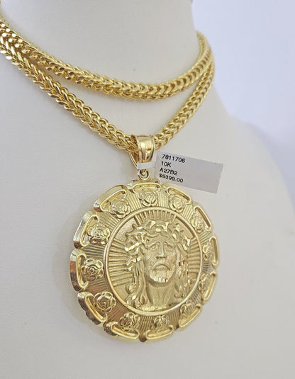 10K yellow gold Jesus and Mary pendant and Franco chain necklace set by Reva Jeweler