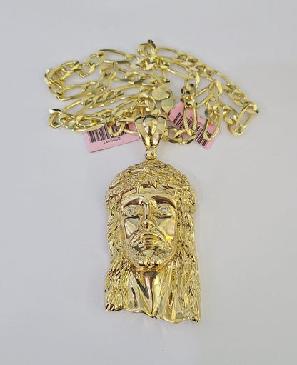 14k Figaro Chain Jesus Head Charm Pendant Gold 7mm 20-30 inch SET Necklace