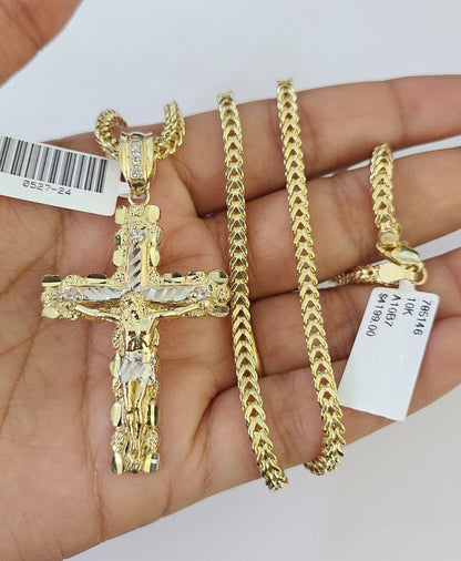 Luxury 10K gold Franco chain necklace with Jesus cross pendant by Reva Jeweler