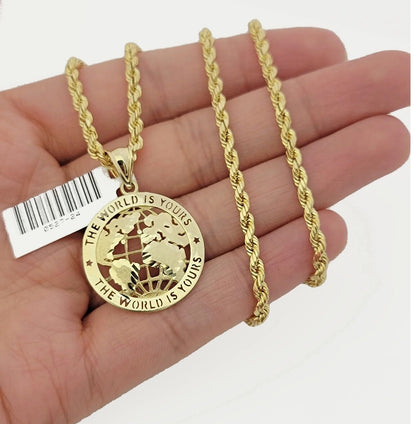 Real 10k Gold Chain Pendant SET World Is Your Charm  Rope Necklace 3mm 26 Inch