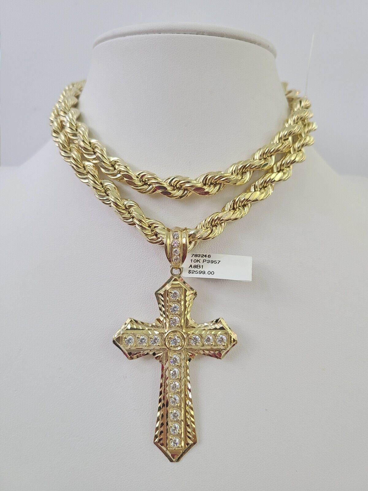 Men's 10K Yellow Gold Jesus Cross Necklace 8mm Rope Chain 20–30 Inch Religious Gift Jewelry