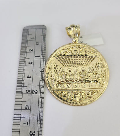 10k Gold Chain Last Supper Charm Solid Cuban Curb Necklace 9mm 20"-30" SET