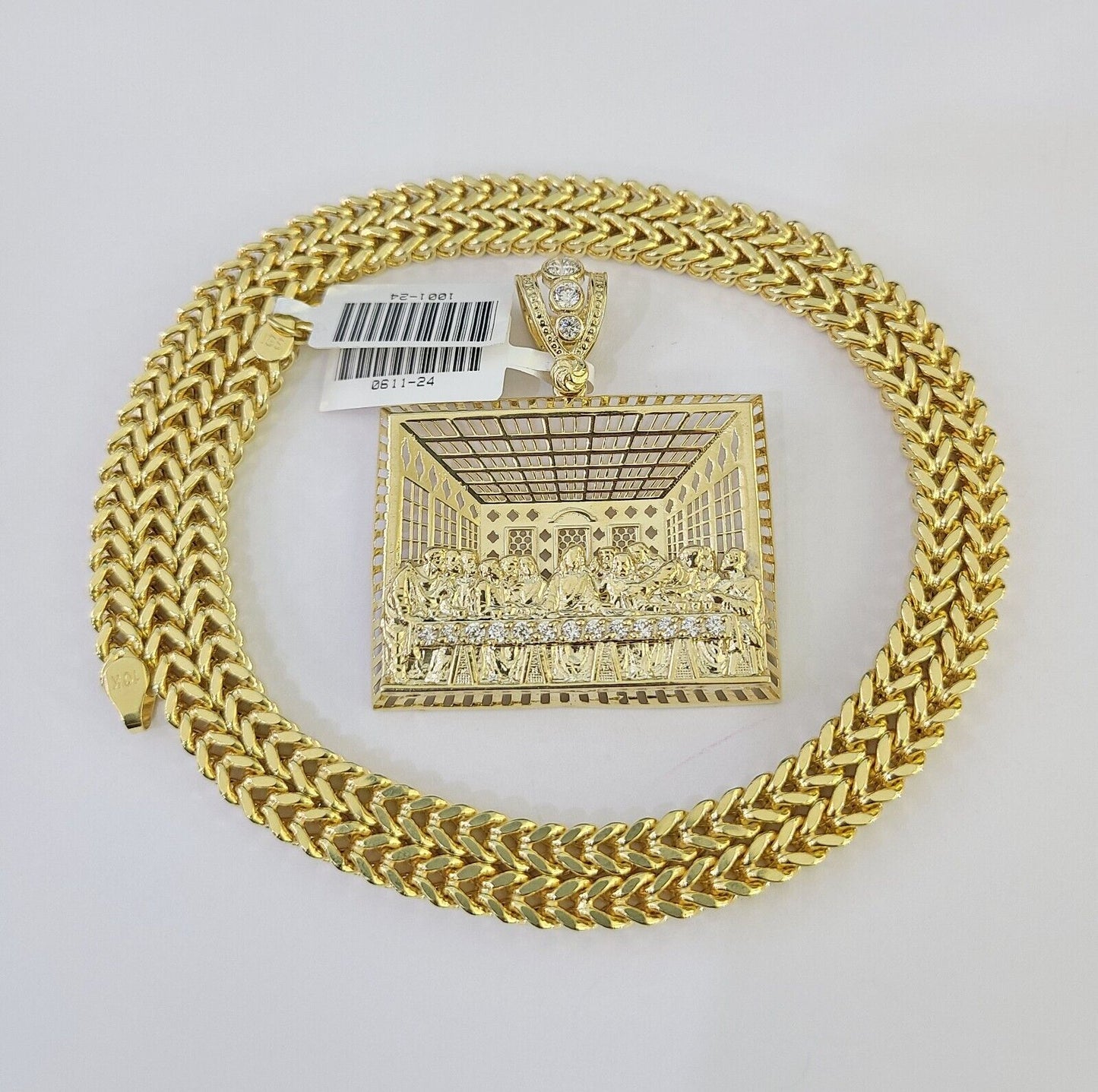 Real 10K Gold Franco Chain Last Supper Pendant Charm Necklace 20"-26" 5mm Gold SET